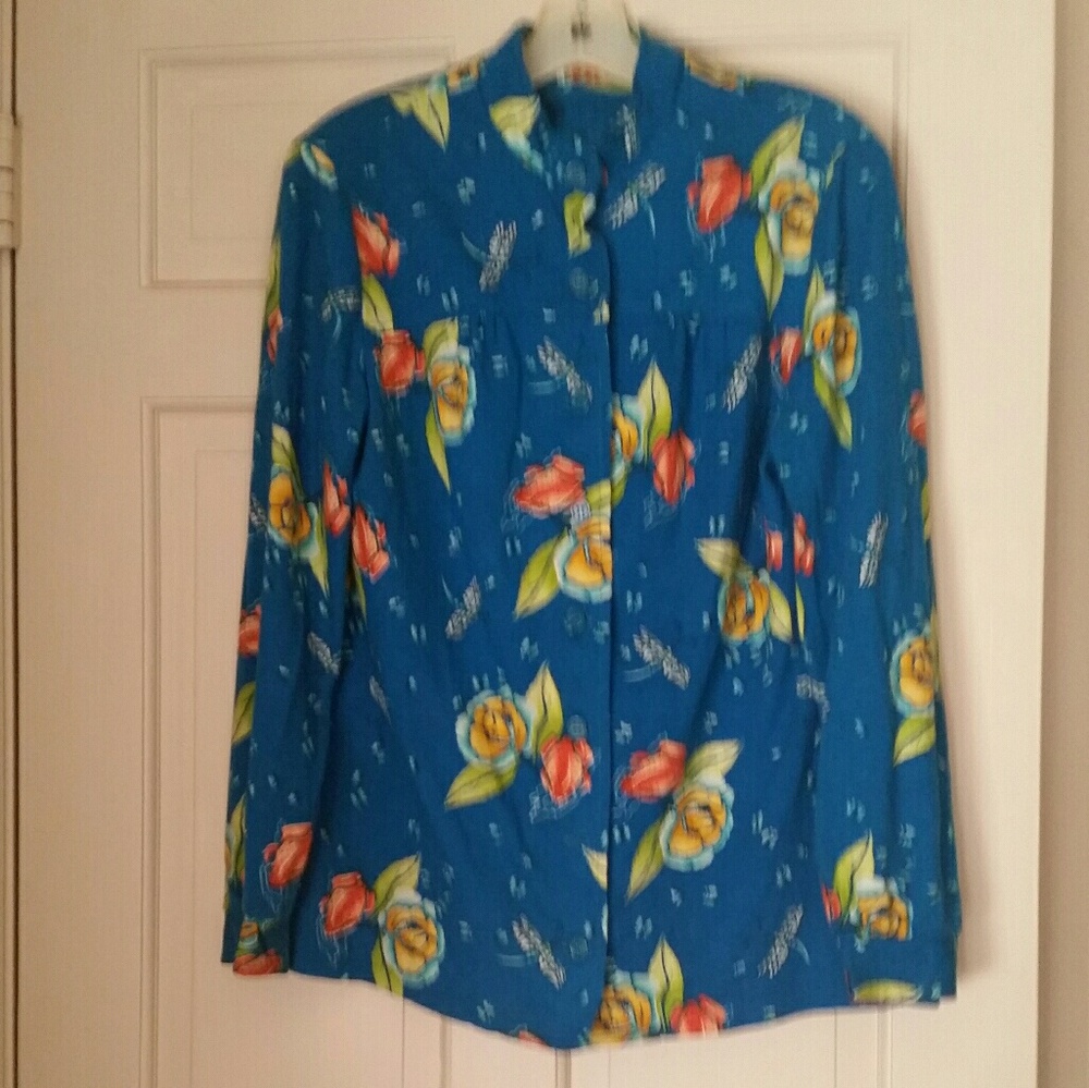 Johnny Turquoise Floral Dragonflies Blouse Sz 16